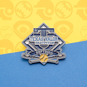 Custom Texas Valor Fastpitch Softball lapel pin featuring a navy blue and silver shield design with a yellow softball and crossed bats.